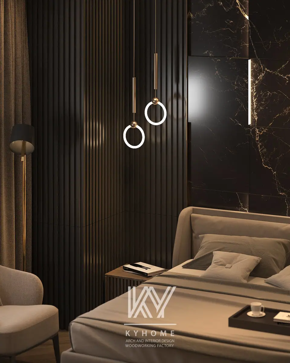 Phối cảnh chi tiết đầu giường bọc nỉ, lam gỗ đen, đá marble đen vân vàng và đèn thả vòng tròn