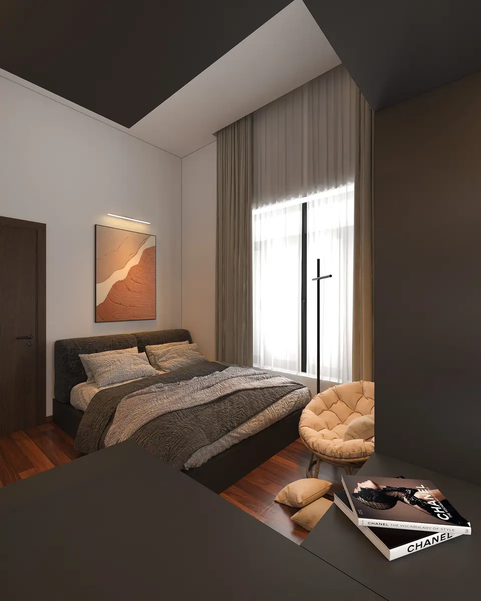 Giường đầu bọc nỉ dưới tranh trừu tượng tông cam, ghế papasan cạnh cửa sổ