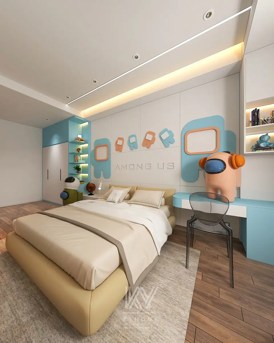 Giường bọc nệm màu be cạnh bàn học xanh pastel dưới trần đèn hắt