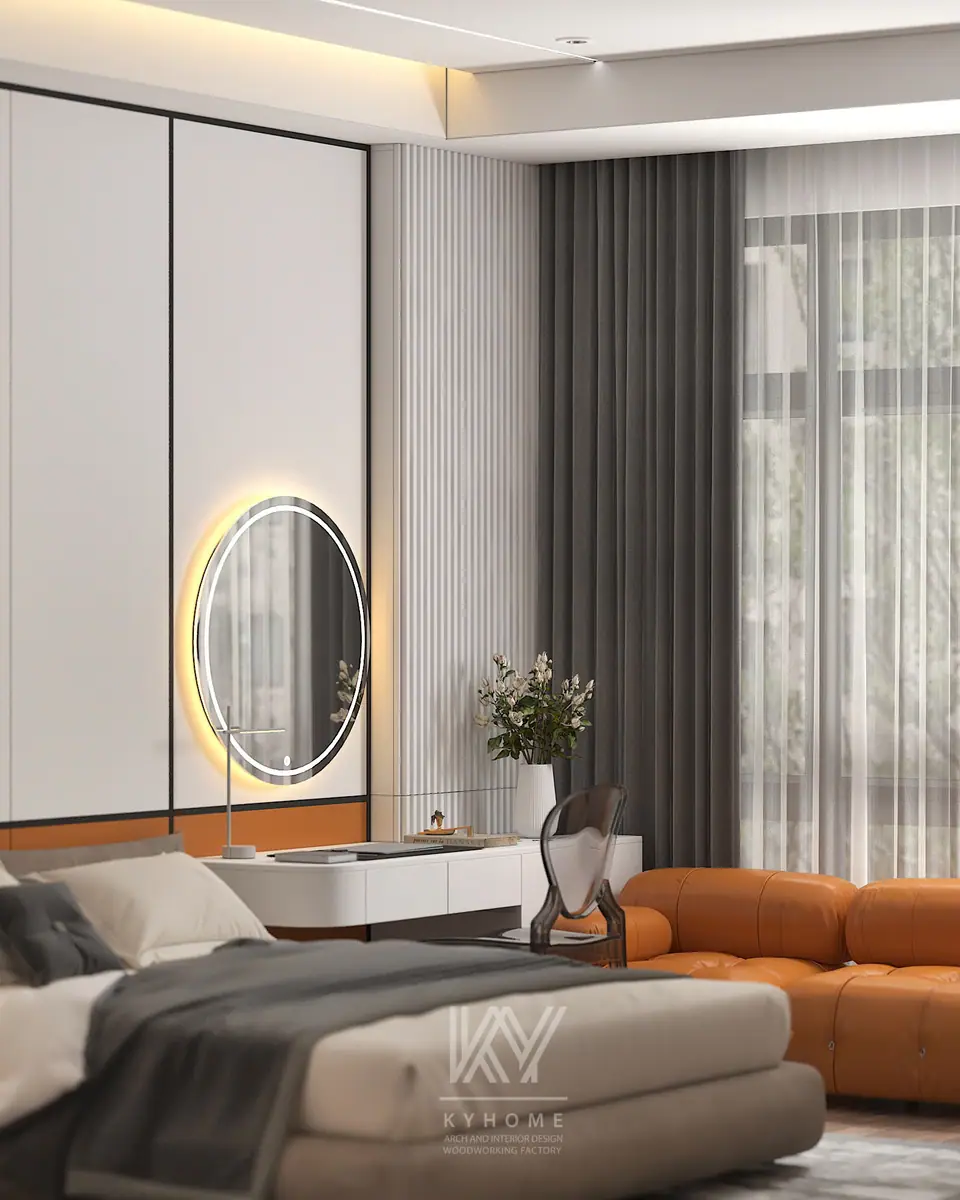 Bàn trang điểm treo cùng gương tròn viền đèn LED, rèm xám phía sau