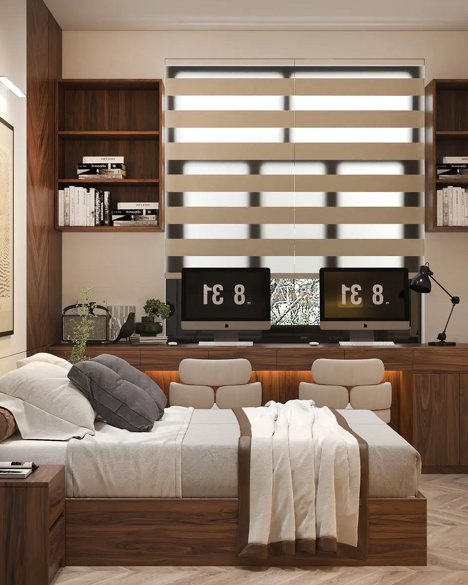 Góc giường nhìn sang bàn làm việc liền tủ có đèn hắt gầm, rèm cầu vồng