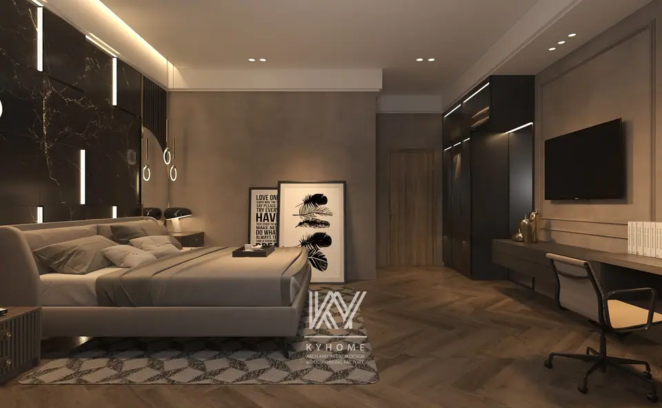 Góc chéo giường bọc nỉ trước vách đá đen, tivi treo và bàn làm việc