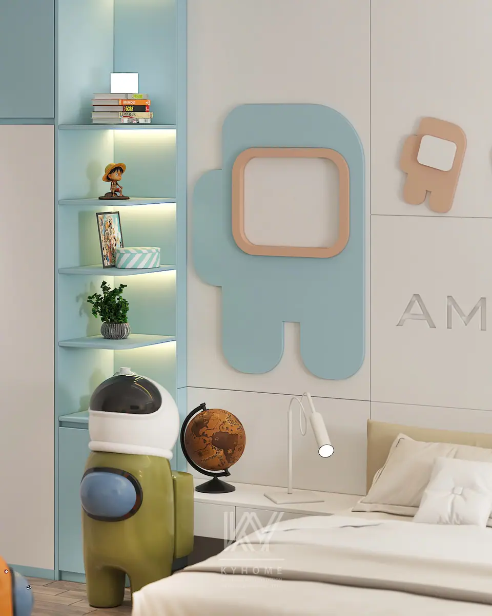 Kệ hở xanh pastel đèn LED cạnh mảng tường nhân vật và tượng trang trí