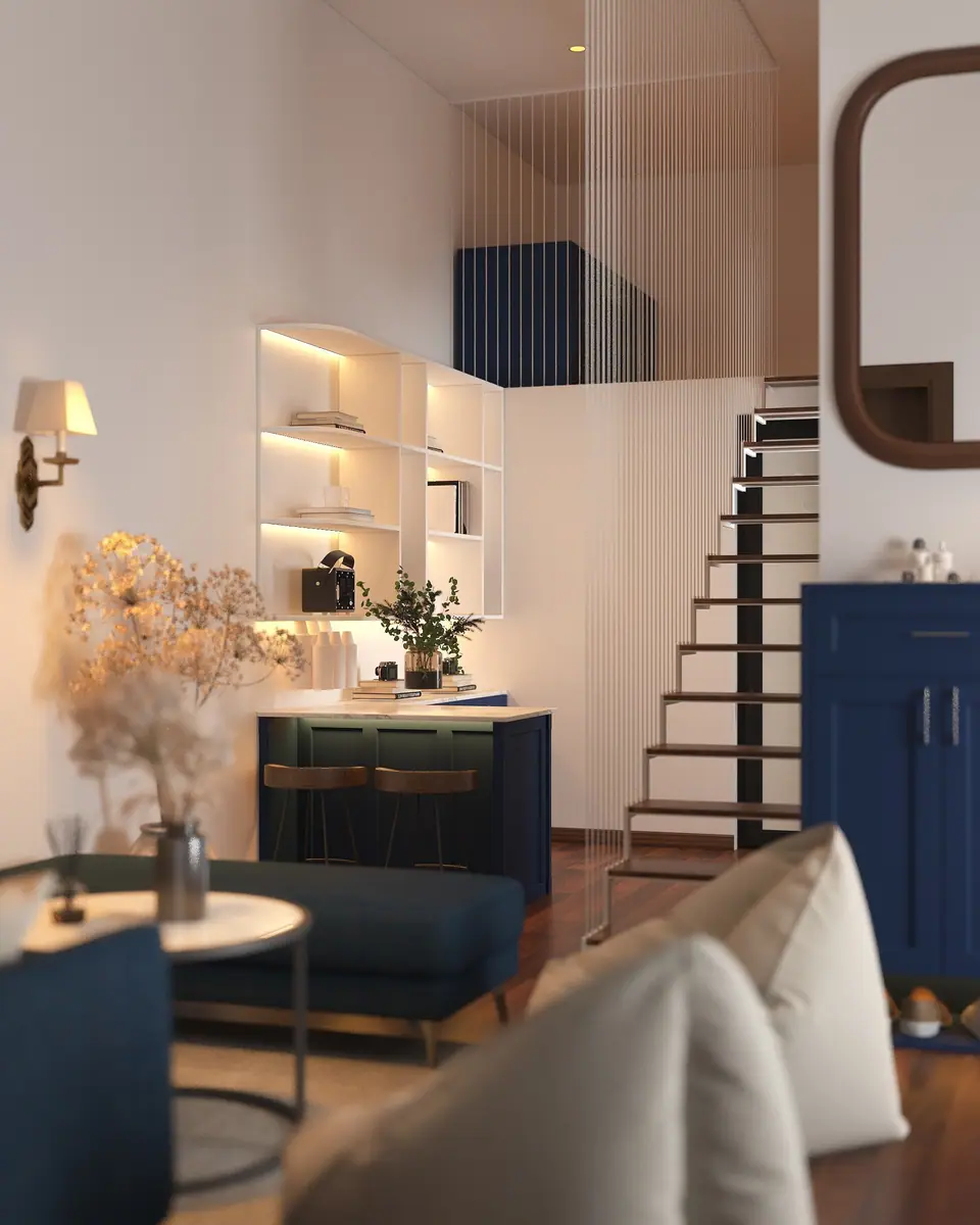 Phòng khách gác lửng với sofa xanh navy, quầy bar và cầu thang bậc gỗ