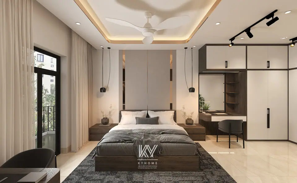 Đầu giường ốp tấm xám, đèn thả đôi và tủ áo liền bàn trang điểm