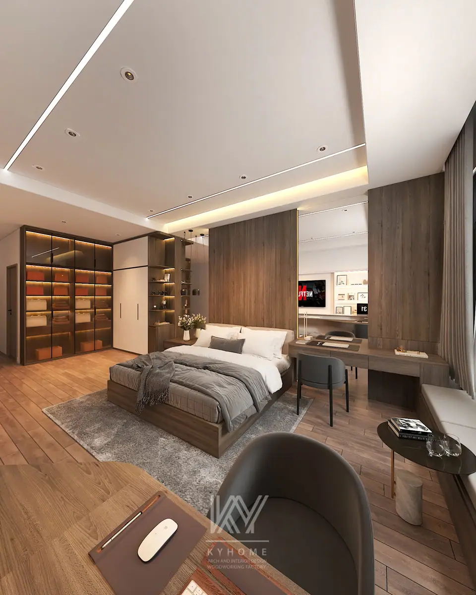 Tủ kính trưng bày có đèn LED cạnh vách gỗ sau giường và bàn làm việc