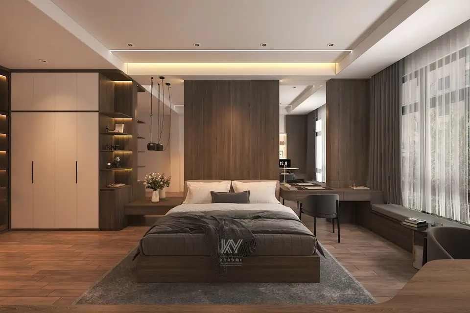 Phối cảnh phòng ngủ master gỗ nâu trầm với vách gỗ đầu giường và đèn thả