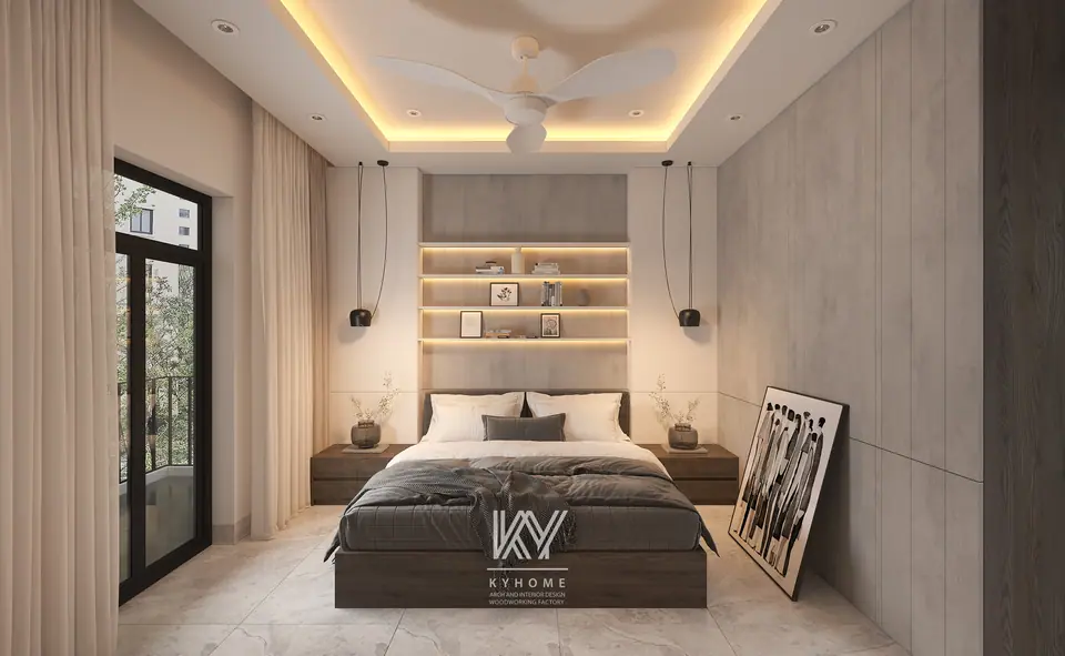 Đầu giường kệ hắt sáng trên tường hiệu ứng bê tông, hai đèn thả hai bên