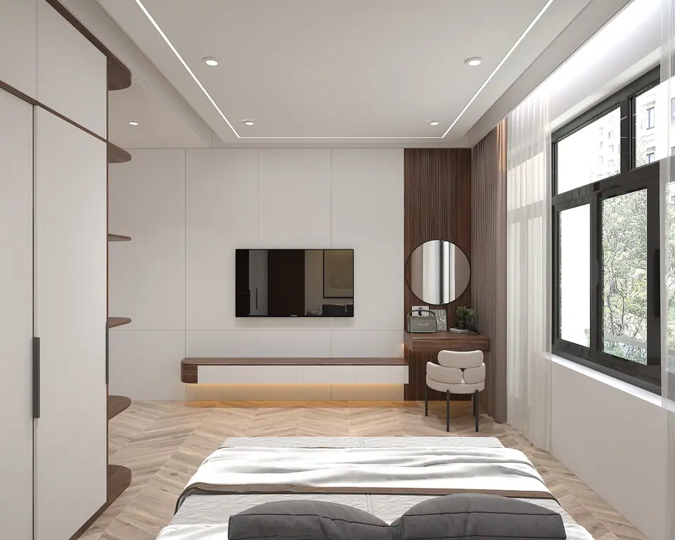 Phòng master nhìn về kệ tivi treo hắt sáng chân và bàn trang điểm gương tròn