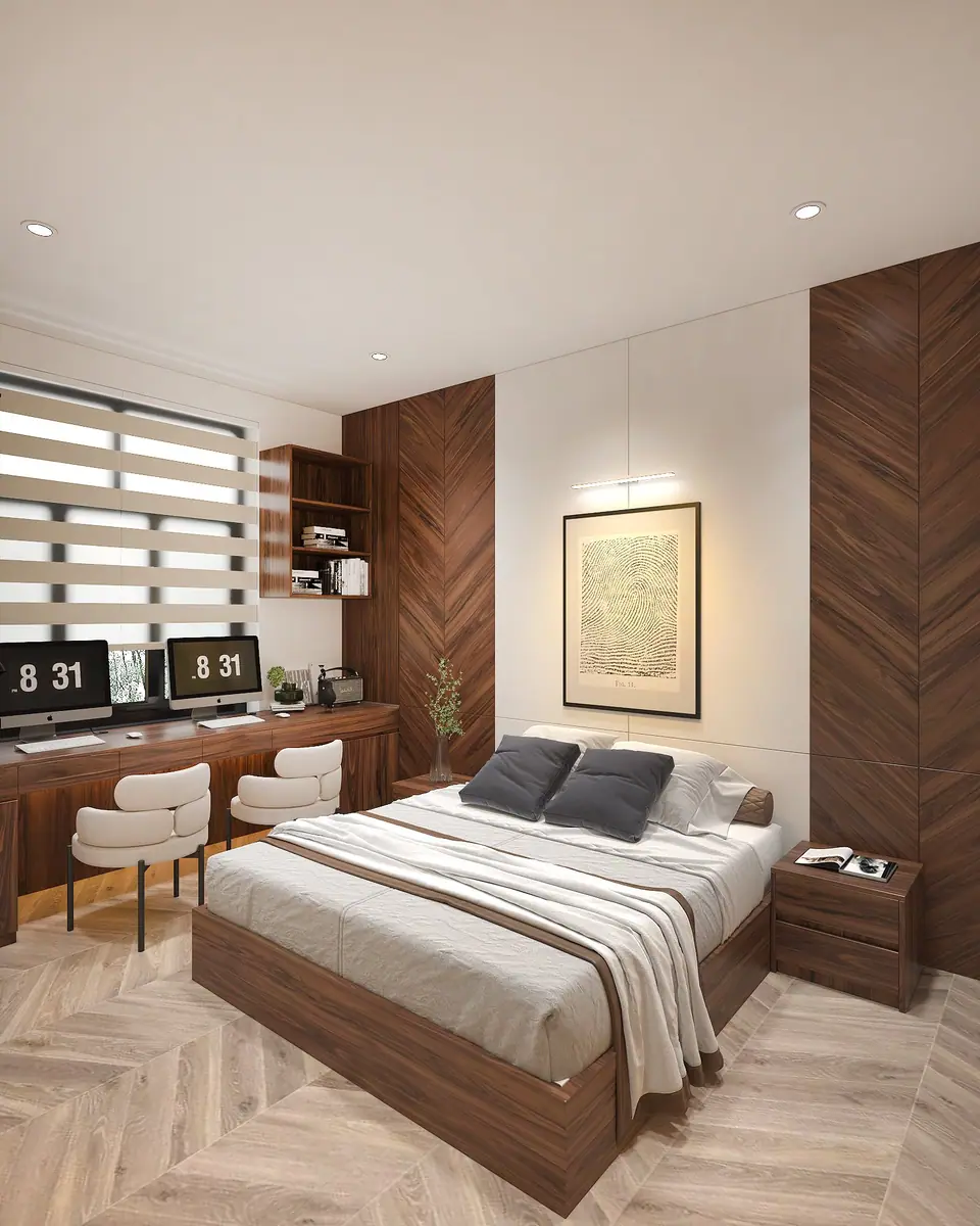 Giường gỗ thấp giữa hai mảng ốp vân xương cá, tranh vân tay có đèn rọi
