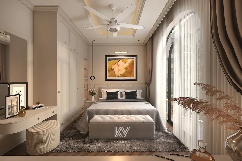Phòng ngủ tân cổ điển với tranh đầu giường, bàn trang điểm và đôn chần nút