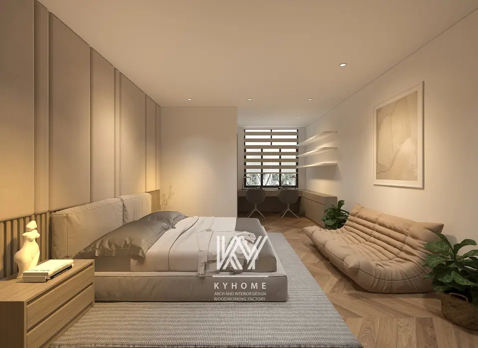 Góc cửa sổ rèm cầu vồng, bàn làm việc và sofa lười trong phòng ngủ master