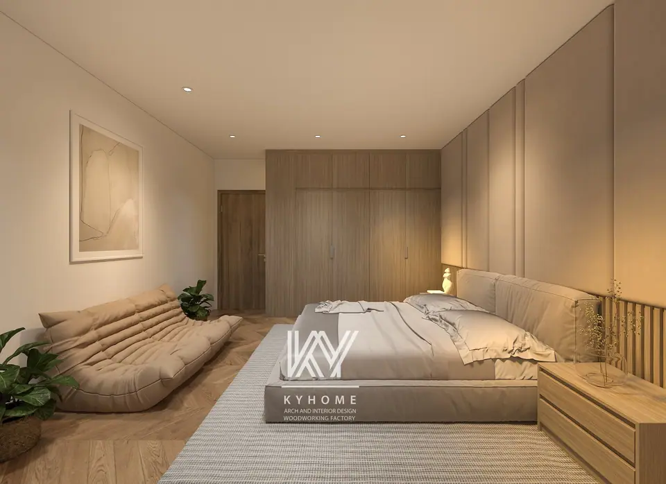 Phối cảnh phòng ngủ master tông be với vách bọc nỉ, giường thấp và sofa lười
