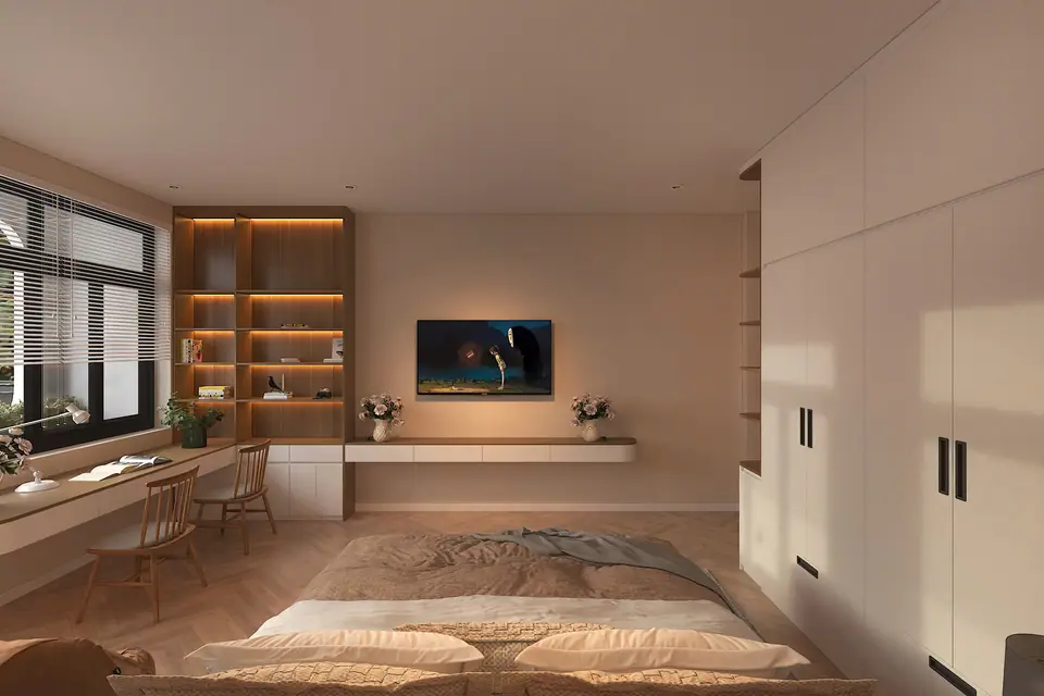 Bàn học dài cạnh cửa sổ, ghế gỗ và tủ áo trắng kịch trần