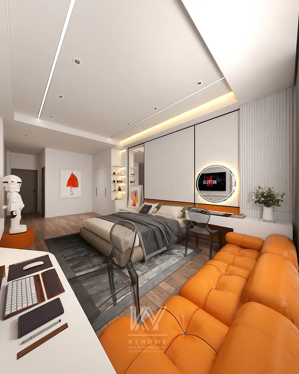 Góc phòng có sofa da cam, gương tròn đèn LED và vách lam trắng