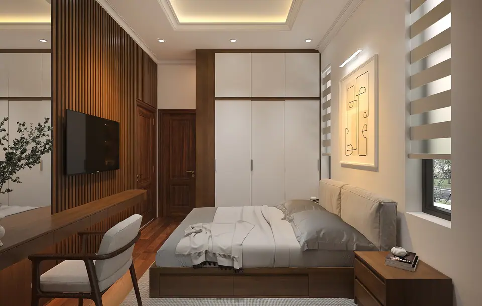 Vách lam gỗ treo tivi, tủ áo trắng kịch trần và giường gỗ có ngăn kéo