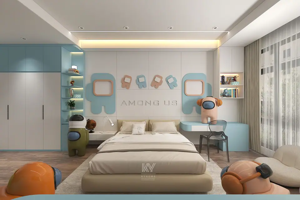 Phòng ngủ trẻ em tông trắng xanh pastel với vách nhân vật phi hành gia đầu giường