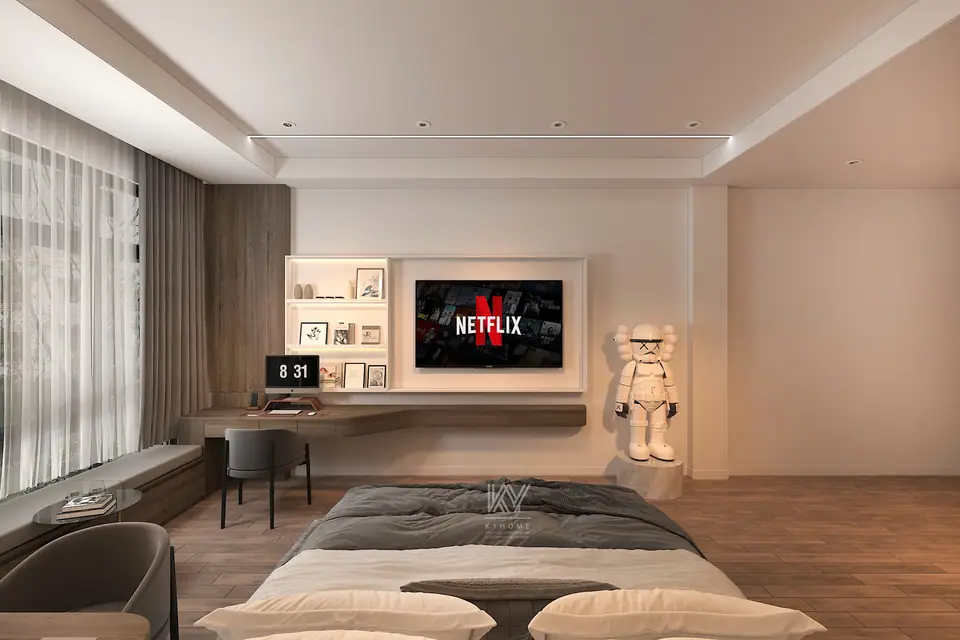 Tường tivi liền bàn làm việc gỗ uốn cong và kệ trang trí đèn LED