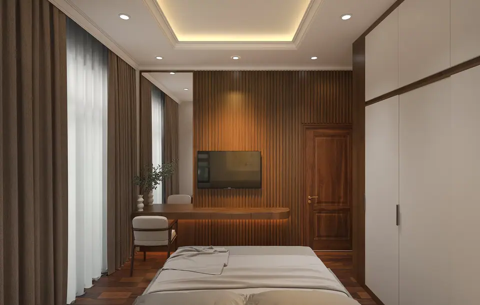 Bàn làm việc treo hắt sáng gầm dưới vách lam gỗ, rèm vải hai lớp